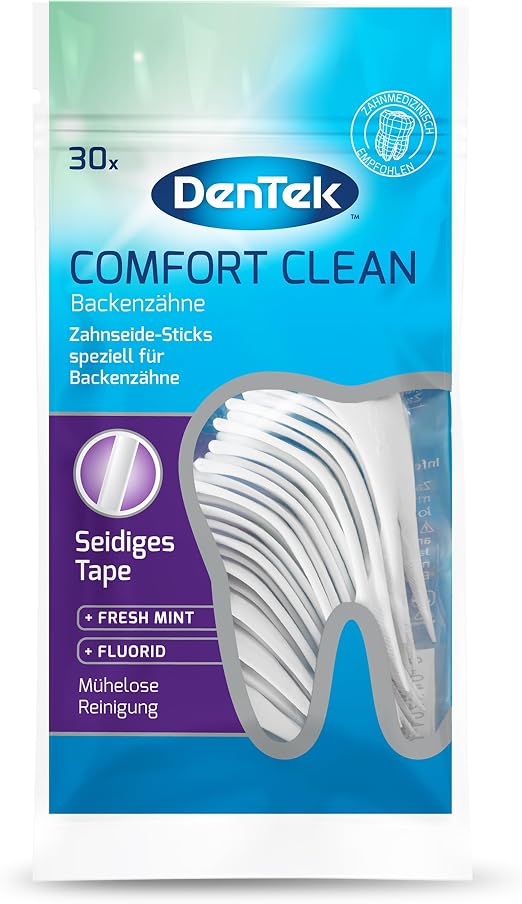 1 x 30 Stk. Dentek Comfort Clean Zahnseide Sticks, speziell fuer Backenzaehne - Zahnreinigung der hinteren Zahnzwischenraeume - Minzgeschmack - Fluorid - Zahnstocher , 30 Stueck (1er Pack)