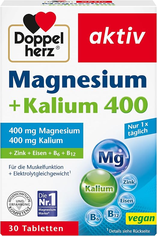 Doppelherz Magnesium + Kalium 400 – Magnesium und Kalium als Beitrag fuer die normale Muskelfunktion – 30 Tabletten