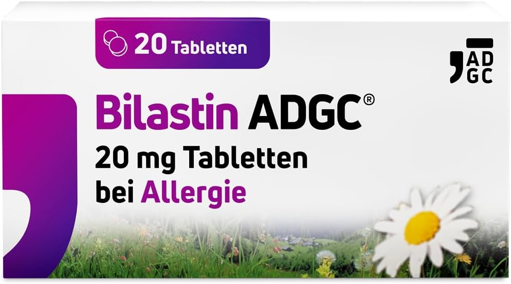 Bilastin ADGC® 20 St - Allergietabletten bei Heuschnupfen - schnell & langanhaltend bis 24 St. wirksam bei allergischem Schnupfen, Nesselsucht(Urtikaria), Juckreiz, Tierhaar- und Hausstauballergie