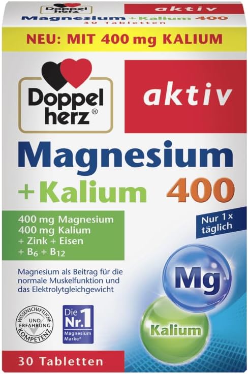 Doppelherz Magnesium + Kalium 400 – Magnesium und Kalium als Beitrag fuer die normale Muskelfunktion – 30 Tabletten