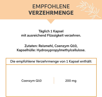 Coenzym Q10 Kapseln 200 Stueck | 200mg Hochdosiert Premium Ubiquinon | Vegan aus pflanzlicher Fermentation