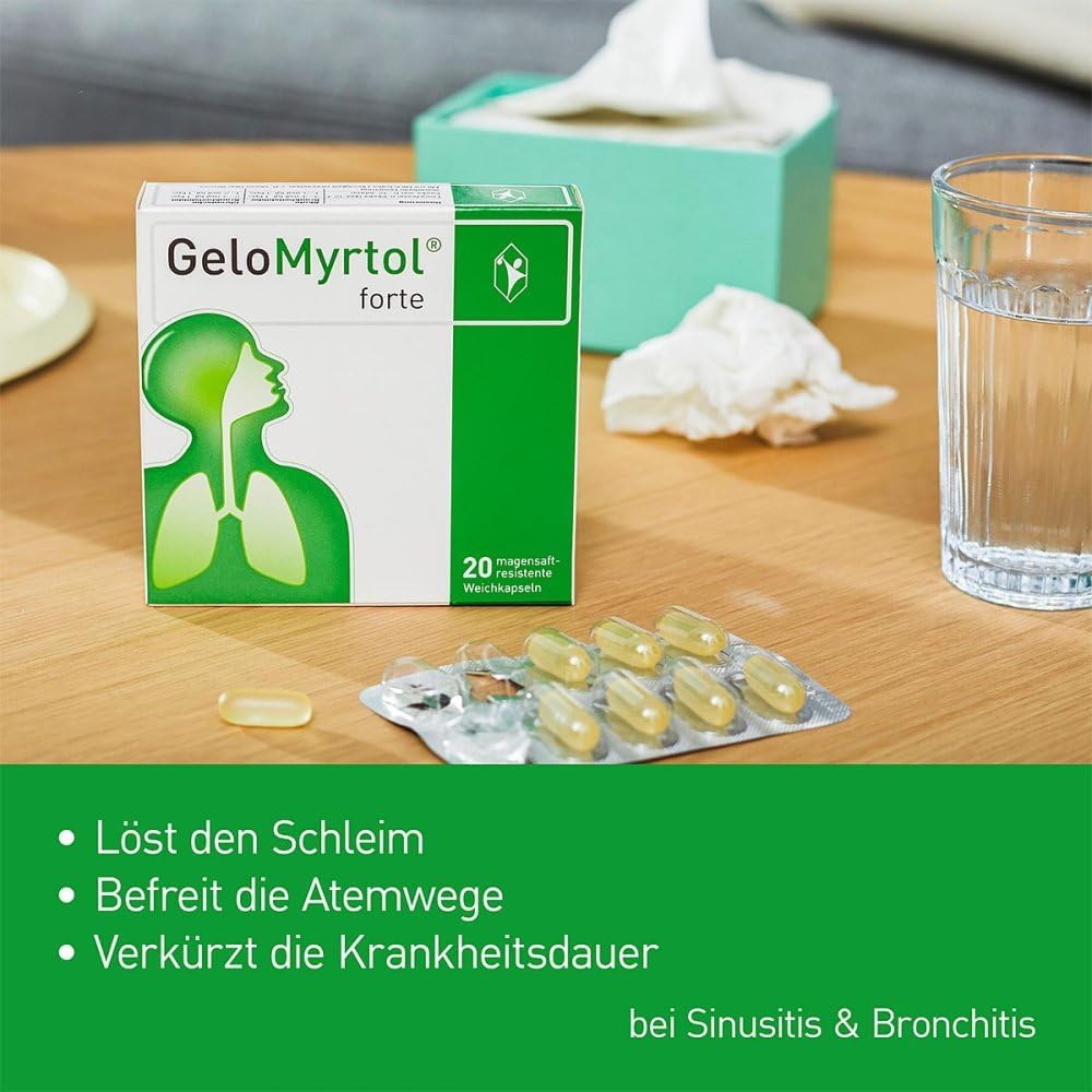 GeloMyrtol Forte: Herbal mucus remover for acute and chronic infections of the upper and lower respiratory tract with cough, runny nose and pressure headache - from 6 years, 20 capsules