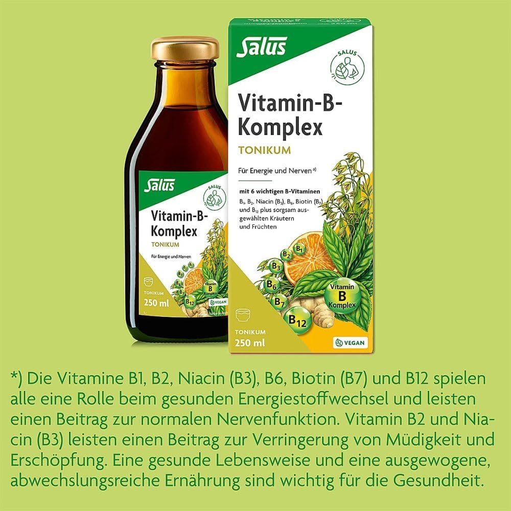 Salus Vitamin B-Komplex Tonikum 250 ml | Fluessiges Nahrungsergaenzungsmittel mit B-Vitaminen fuer Energiestoffwechsel und Nervensystem *, vegan