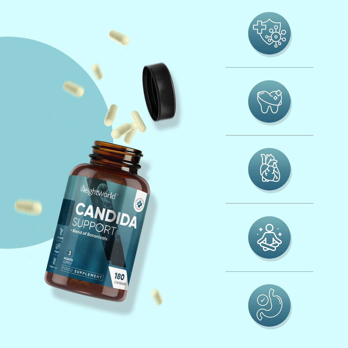 Candida Support - 180 Capsules - 3 Months Supply - with a Blend of 9 Botanicals, 1 Plant-Derived Compound, 3 Key Nutrients & 2 Probiotics - Non-GMO & Gluten-Free - Candida Supplement - Vegan-Friendly