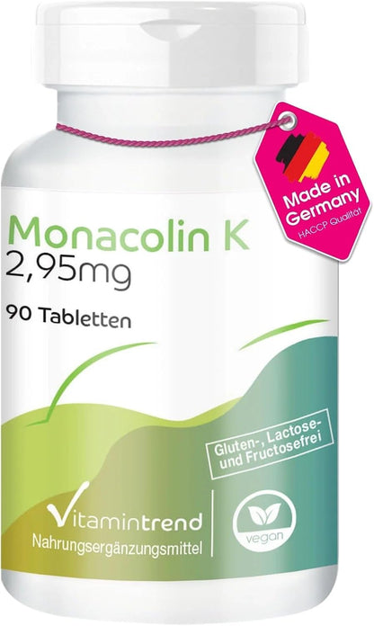 Vitamintrend Monacolin K 2,95mg Tagesbedarf, 90 Tabletten, schluckfreundlich, Roter Reis Extrakt, hochdosiert, Nahrungsergaenzungsmittel vegan ohne Magnesiumstearat, in Deutschland hergestellt