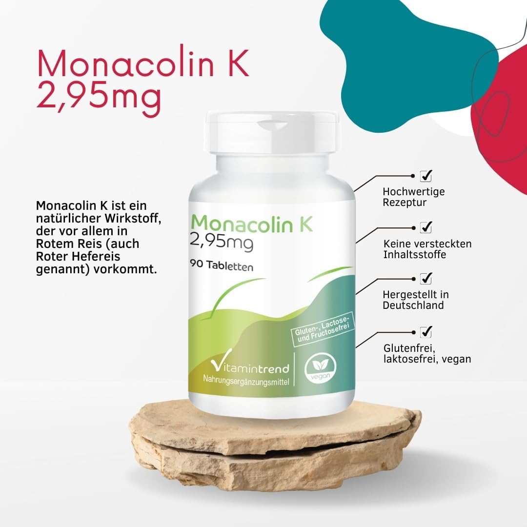 Vitamintrend Monacolin K 2,95mg Tagesbedarf, 90 Tabletten, schluckfreundlich, Roter Reis Extrakt, hochdosiert, Nahrungsergaenzungsmittel vegan ohne Magnesiumstearat, in Deutschland hergestellt