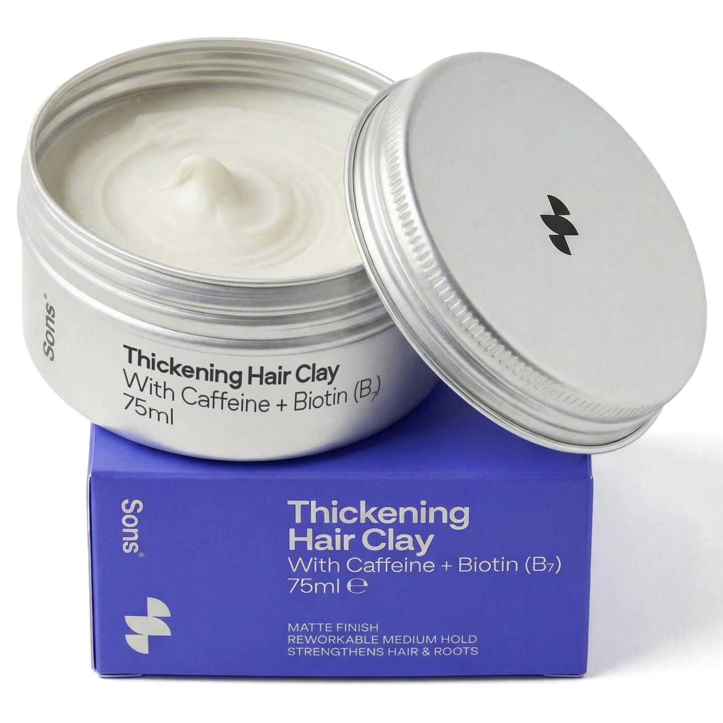 Sons Thickening Hair Clay for Men 75 g, Leave-in Styling Pomade with Caffeine & Biotin, for Hair Loss & Thinning, Promotes Hair Growth & Hair Thickening, Medium Hold, Matte Finish, Citrus Fragrance