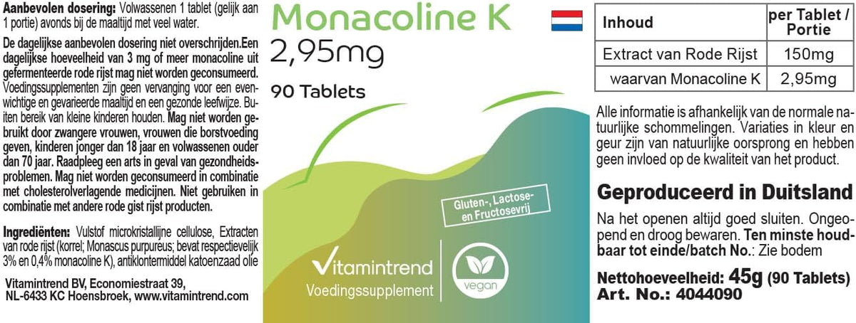 Vitamintrend Monacolin K 2,95mg Tagesbedarf, 90 Tabletten, schluckfreundlich, Roter Reis Extrakt, hochdosiert, Nahrungsergaenzungsmittel vegan ohne Magnesiumstearat, in Deutschland hergestellt