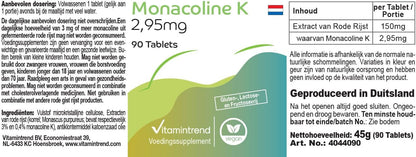 Vitamintrend Monacolin K 2,95mg Tagesbedarf, 90 Tabletten, schluckfreundlich, Roter Reis Extrakt, hochdosiert, Nahrungsergaenzungsmittel vegan ohne Magnesiumstearat, in Deutschland hergestellt