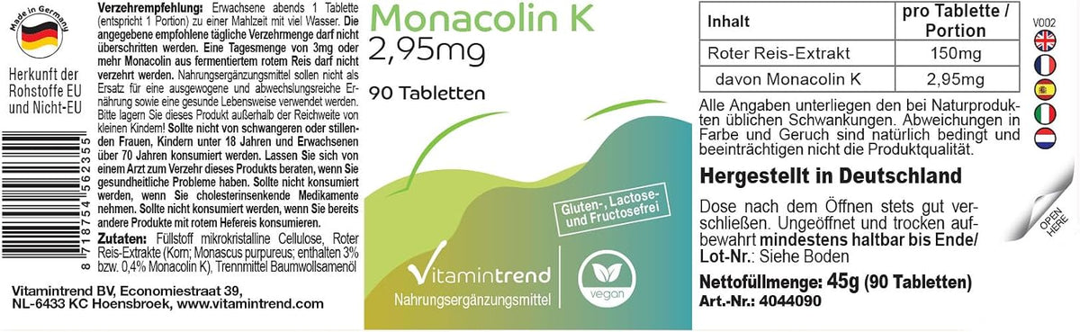 Vitamintrend Monacolin K 2,95mg Tagesbedarf, 90 Tabletten, schluckfreundlich, Roter Reis Extrakt, hochdosiert, Nahrungsergaenzungsmittel vegan ohne Magnesiumstearat, in Deutschland hergestellt