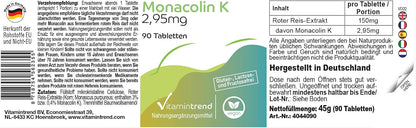 Vitamintrend Monacolin K 2,95mg Tagesbedarf, 90 Tabletten, schluckfreundlich, Roter Reis Extrakt, hochdosiert, Nahrungsergaenzungsmittel vegan ohne Magnesiumstearat, in Deutschland hergestellt