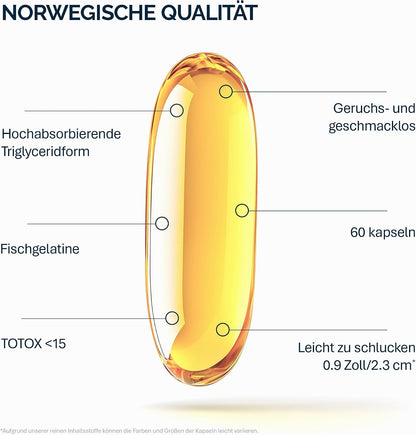 NFO Omega 3 Forte [60 Capsules] Norwegian Fish Oil High Concentration of EPA:DHA + Vitamin E and Fish Gelatin Natural Complex for Adults and Kids +3 Years Made in Norway from Freshly Caught Wild Fish