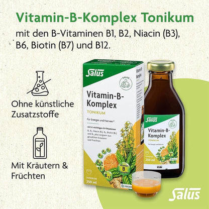 Salus Vitamin B-Komplex Tonikum 250 ml | Fluessiges Nahrungsergaenzungsmittel mit B-Vitaminen fuer Energiestoffwechsel und Nervensystem *, vegan