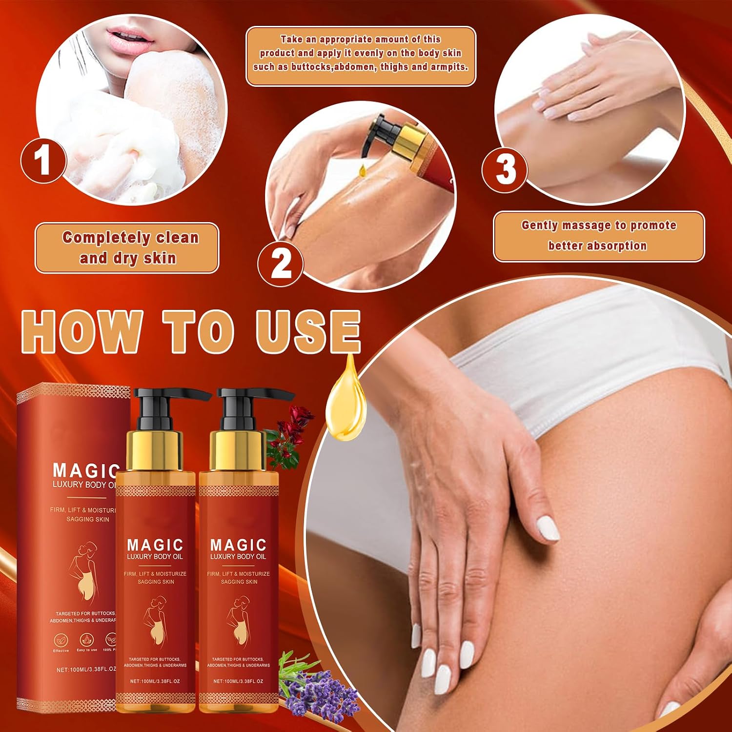 2 Stueck Magic Body Oil, Magic Luxury Body oel, Glow Remedy Oil, Leicht einziehendes Massageoel, Koerperpflegeoel, Reduziert Feine Linien an Wangen/Bauch/Oberschenkeln/Armen