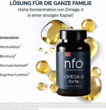 NFO Omega 3 Forte [60 Capsules] Norwegian Fish Oil High Concentration of EPA:DHA + Vitamin E and Fish Gelatin Natural Complex for Adults and Kids +3 Years Made in Norway from Freshly Caught Wild Fish