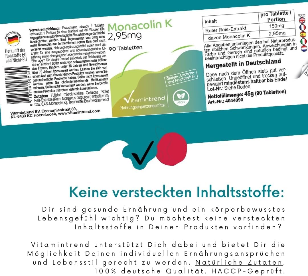 Vitamintrend Monacolin K 2,95mg Tagesbedarf, 90 Tabletten, schluckfreundlich, Roter Reis Extrakt, hochdosiert, Nahrungsergaenzungsmittel vegan ohne Magnesiumstearat, in Deutschland hergestellt