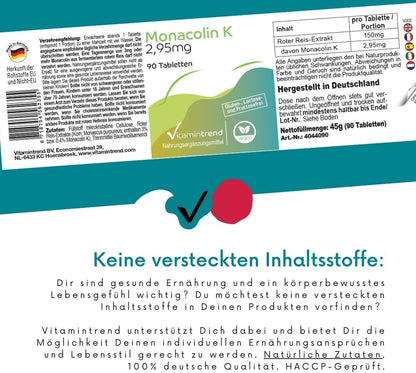 Vitamintrend Monacolin K 2,95mg Tagesbedarf, 90 Tabletten, schluckfreundlich, Roter Reis Extrakt, hochdosiert, Nahrungsergaenzungsmittel vegan ohne Magnesiumstearat, in Deutschland hergestellt