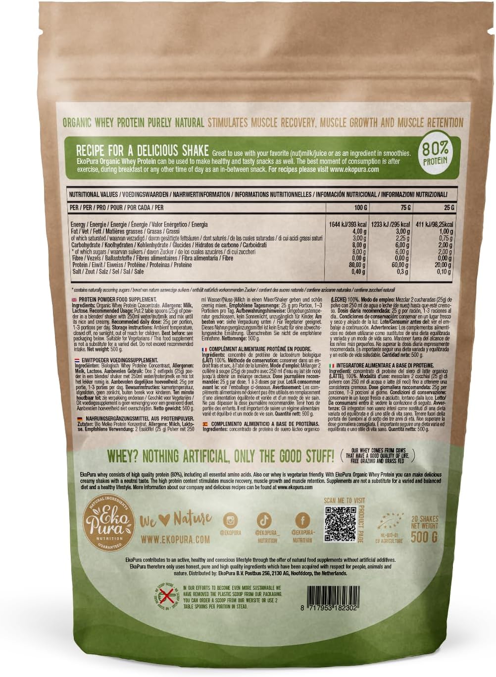 Organic Whey Protein – Purely Natural Happy Grass Lined Cows – 80% Protein – Organic Certified – Whey Protein – Free from Additives – 500 g