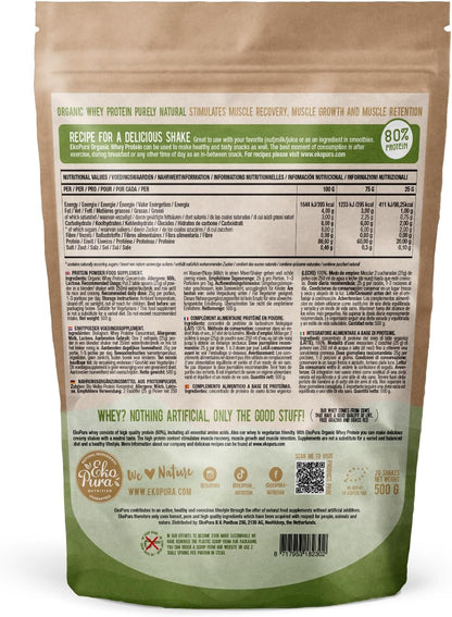 Organic Whey Protein – Purely Natural Happy Grass Lined Cows – 80% Protein – Organic Certified – Whey Protein – Free from Additives – 500 g