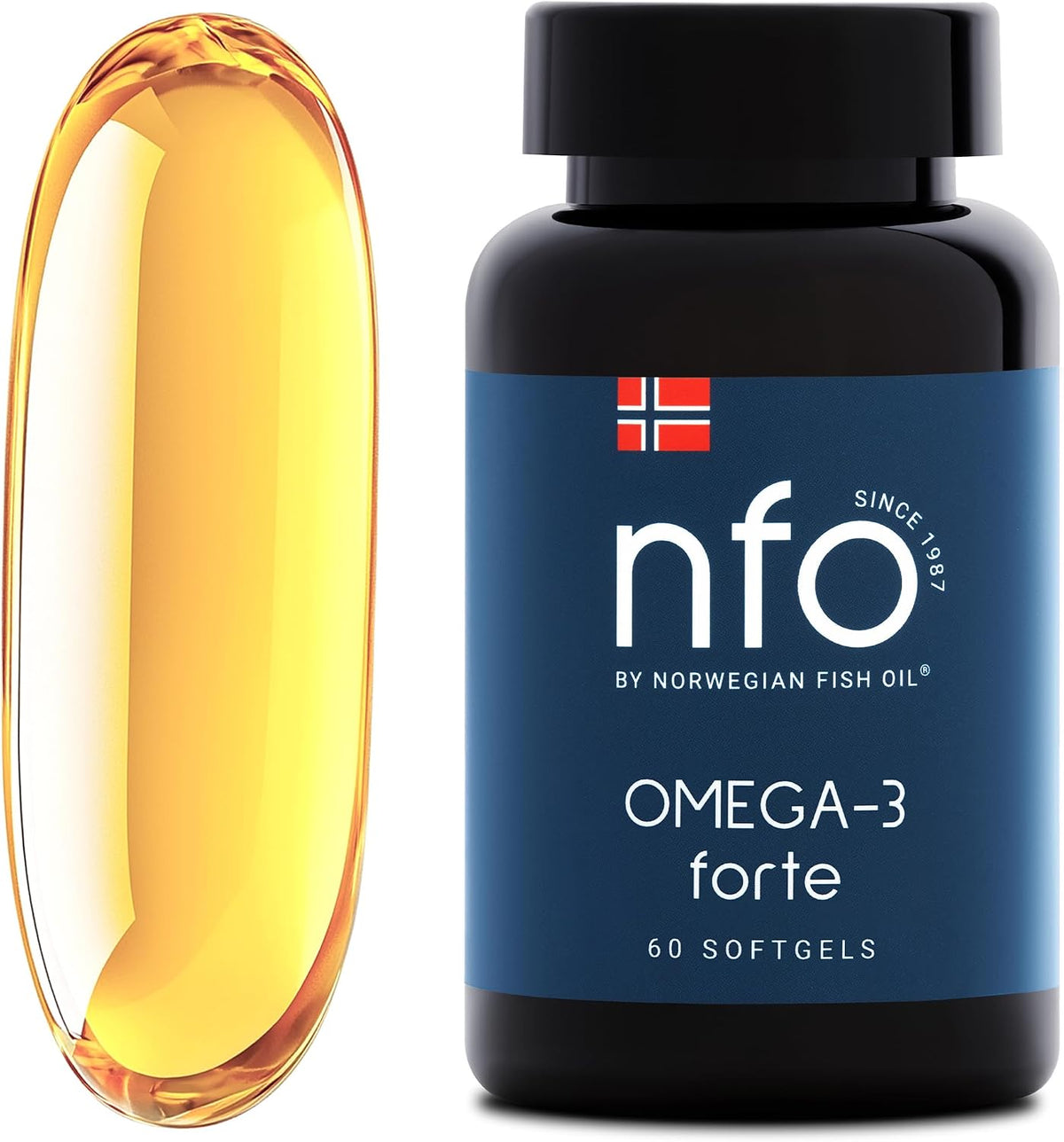 NFO Omega 3 Forte [60 Capsules] Norwegian Fish Oil High Concentration of EPA:DHA + Vitamin E and Fish Gelatin Natural Complex for Adults and Kids +3 Years Made in Norway from Freshly Caught Wild Fish