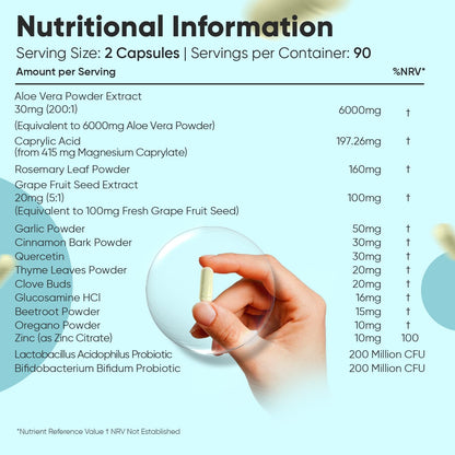 Candida Support - 180 Capsules - 3 Months Supply - with a Blend of 9 Botanicals, 1 Plant-Derived Compound, 3 Key Nutrients & 2 Probiotics - Non-GMO & Gluten-Free - Candida Supplement - Vegan-Friendly