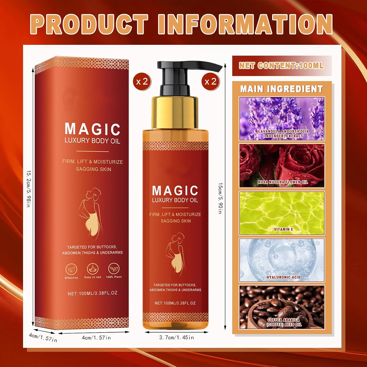 2 Stueck Magic Body Oil, Magic Luxury Body oel, Glow Remedy Oil, Leicht einziehendes Massageoel, Koerperpflegeoel, Reduziert Feine Linien an Wangen/Bauch/Oberschenkeln/Armen