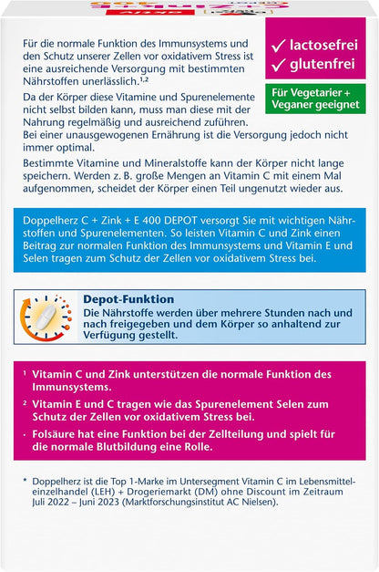 Doppelherz C + Zink + E 400 - Vitamin C und Zink unterstuetzen die normale Funktion des Immunsystems - vegan - 40 Tabletten