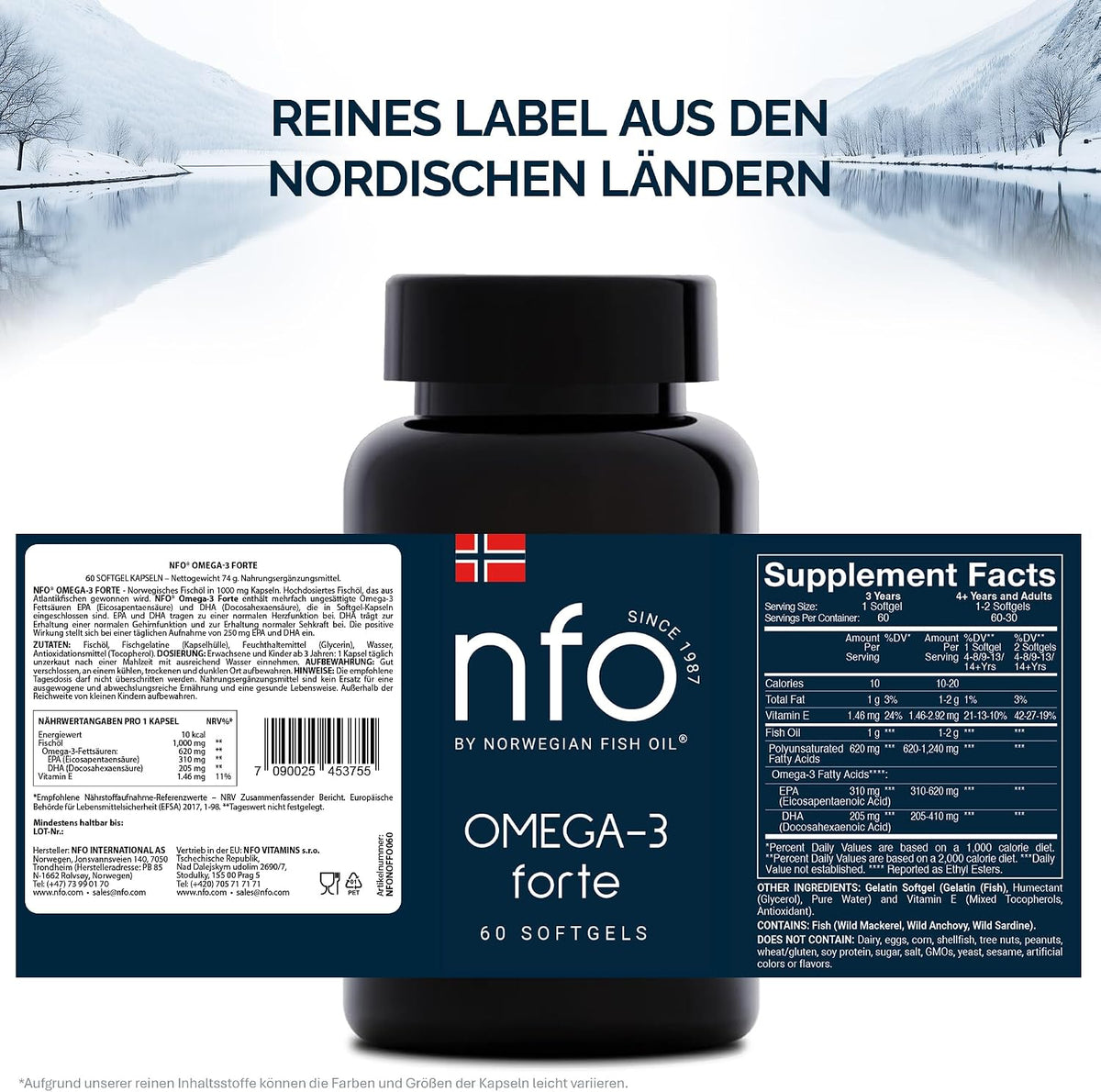NFO Omega 3 Forte [60 Capsules] Norwegian Fish Oil High Concentration of EPA:DHA + Vitamin E and Fish Gelatin Natural Complex for Adults and Kids +3 Years Made in Norway from Freshly Caught Wild Fish
