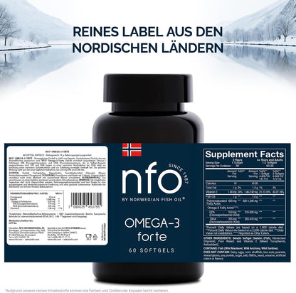 NFO Omega 3 Forte [60 Capsules] Norwegian Fish Oil High Concentration of EPA:DHA + Vitamin E and Fish Gelatin Natural Complex for Adults and Kids +3 Years Made in Norway from Freshly Caught Wild Fish